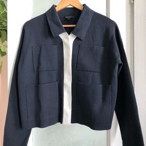 Cos utility knitwear jacket cardigan navy blue with white trim size Small